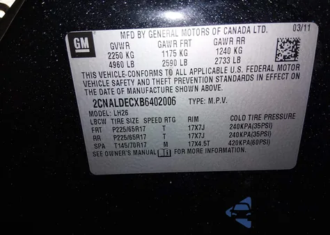 2011 Chevrolet Equinox 1Lt from USA, damaged, VIN 2CNALDECXB6402006